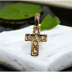 Vintage Cross Mini Pendant Charm Gold Tone with Rhinestone Accents Faith Jewelry